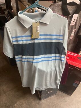 Men's Light Gray Striped Polo Shirt with Blue Accents